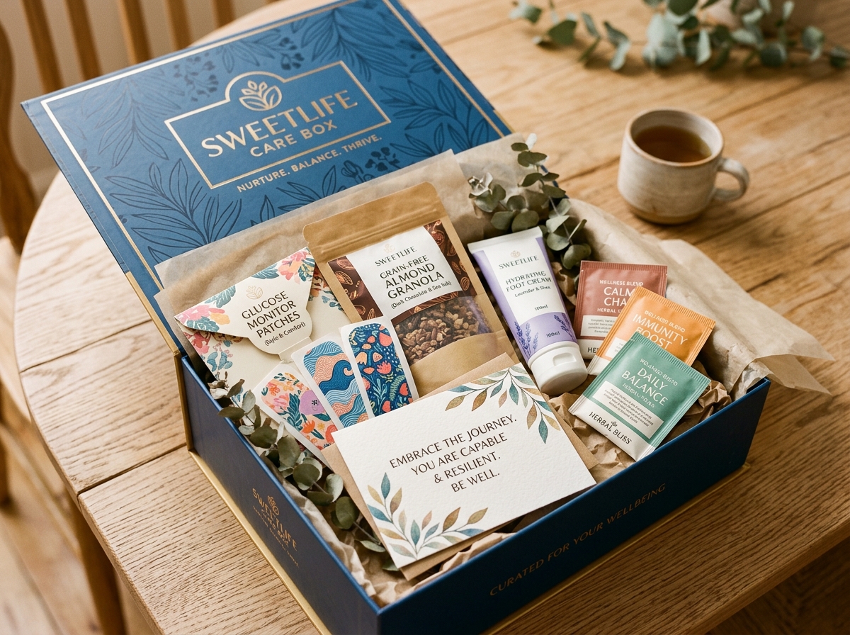 SweetLife Care Box Monatsabonnement geöffnet auf Holztisch