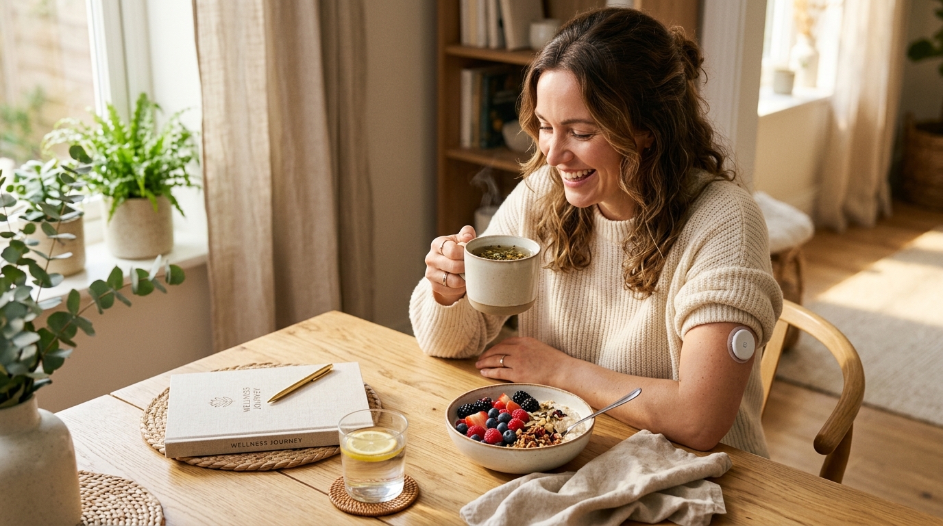 Morgenroutine mit Diabetes-Wellness und CGM-Sensor